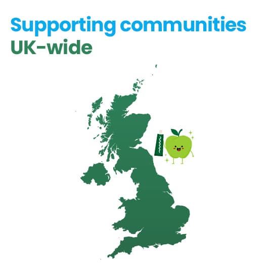 Map of the UK with BrightBites apple logo